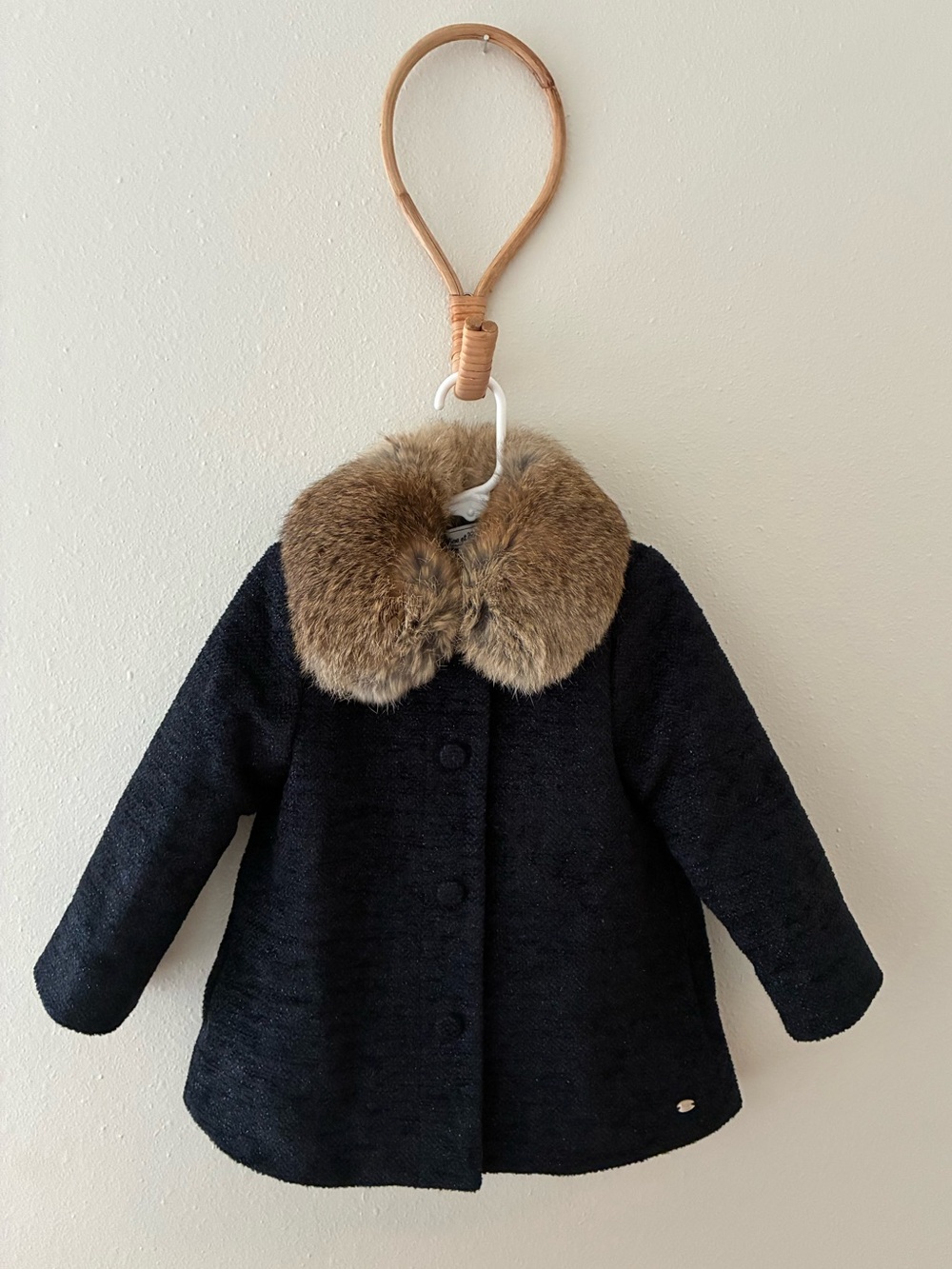 Tartine et Chocolat Navy Tweed Coat with Real Rabbit Fur Collar